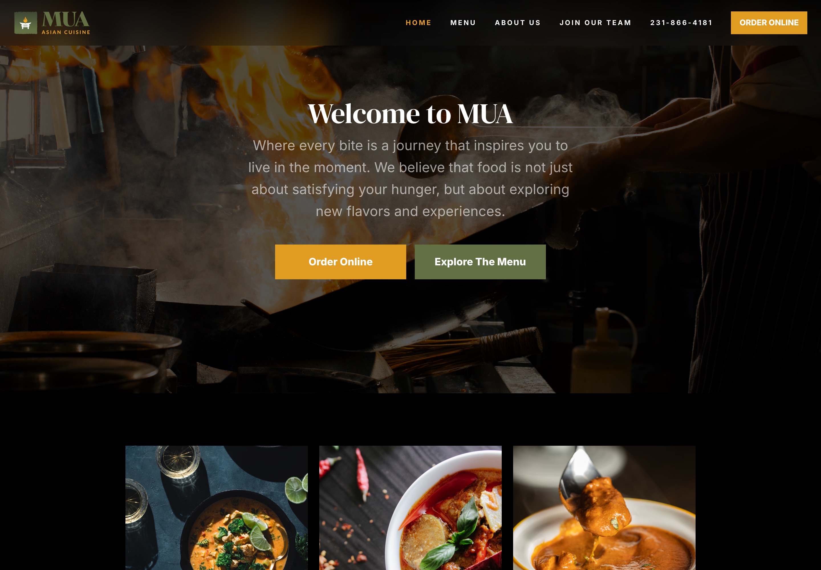 MUA Asian Cuisine website, desktop homepage